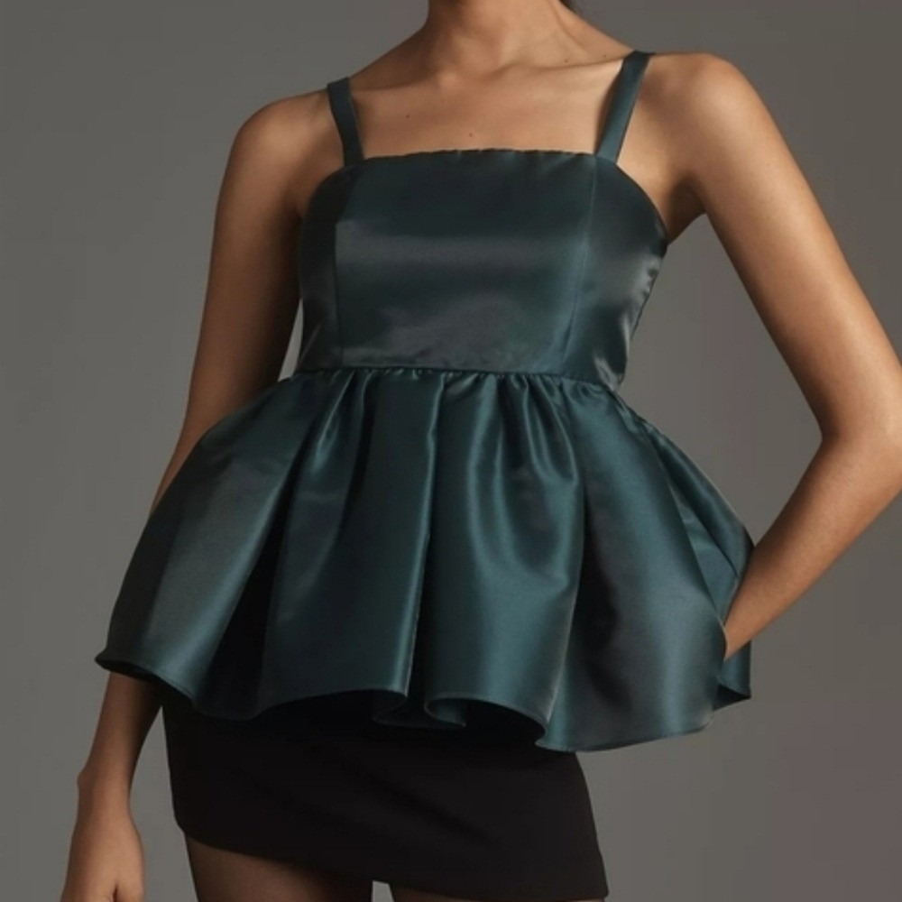 Anthropologie New Mare Mare Forest Green Square Neck Babydoll Top SZ Large Glam
